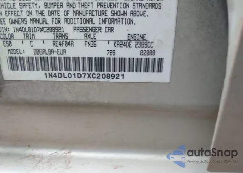 1999 Nissan Altima Gle/Gxe/Se/Se-L/Xe z USA, uszkodzony, nr VIN 1N4DL01D7XC208921